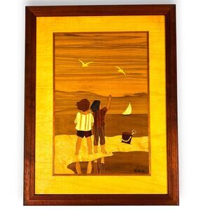 Marquetry Hudson River Inlay Children at The Beach Wood Inlay  10x13